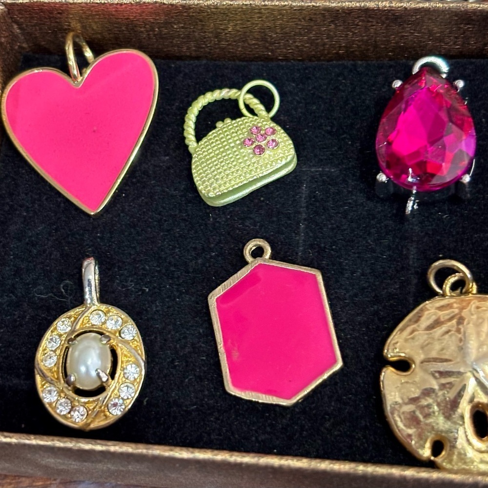 Pink Gold Metal Enamel Pearl Rhinestone Charms Pendants Set Assorted Pink Gold 6
